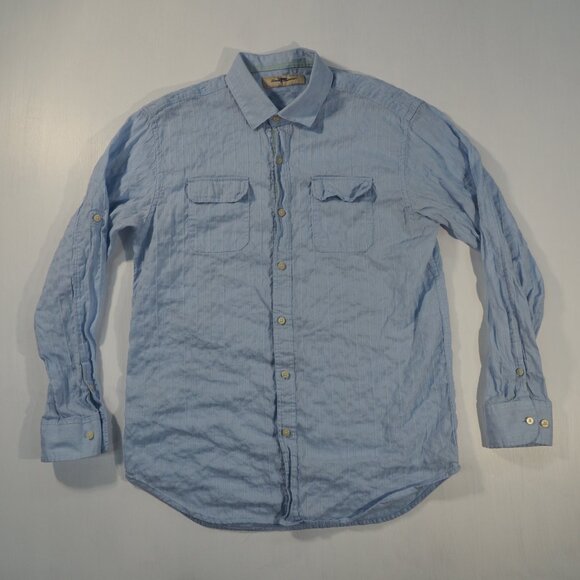 Tommy Bahama Shirt Mens Large Blue Stripe Embroidered Monochrome Roll Tab Sleeve - Picture 9 of 9